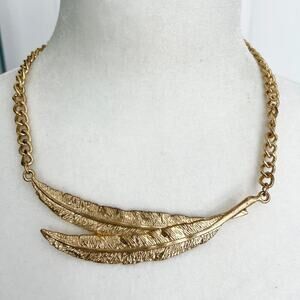 Gold tone metallic double feather boho statement bib necklace w adjustable chain